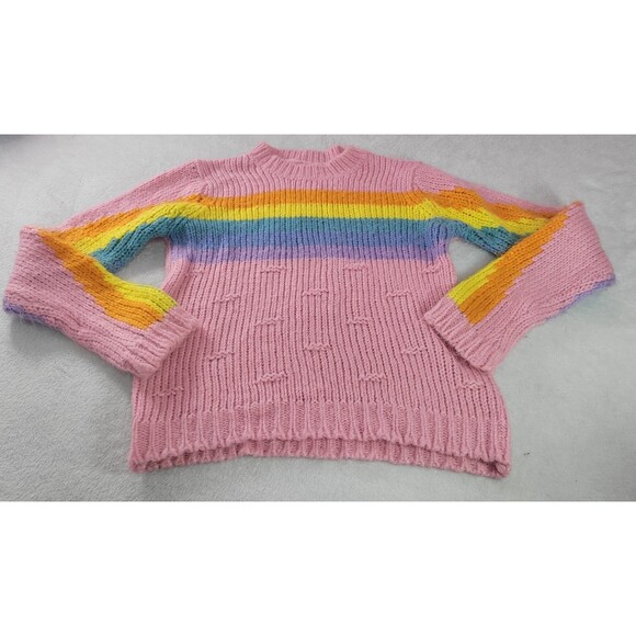 Chunky Knit Pink Sweater with Rainbow Striped Sleeves Cozy Warm Pullover Size S - Picture 1 of 7